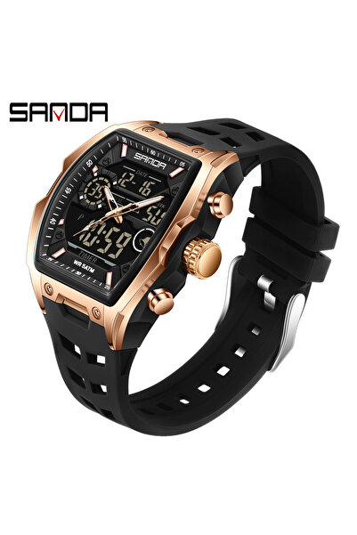 Choice ساعة روز ساندا الإلكترونية للرجال بمينا كبير رياضية LED تناظرية رقمية كرونوغراف عسكرية بشاشة مزدوجة