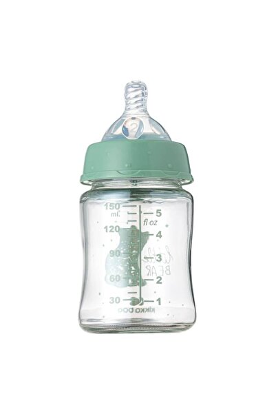 Kikka Boo glass baby bottle, 150ml, silicone nipple, mint green, bear design