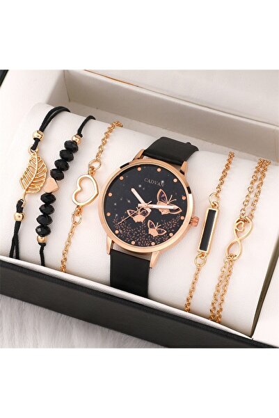 Choice Black 6pcs Set Womens Watches Ladies Fashion Butterfly Watch New Simple Casual Womens Analog WristWa