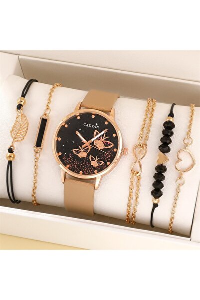 Choice Khaki 6pcs Set Womens Watches Ladies Fashion Butterfly Watch New Simple Casual Womens Analog WristWa