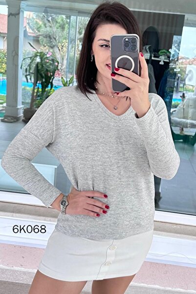 İnce Topuk V-Neck Batwing Sleeve Soft Knit Blouse 6K068