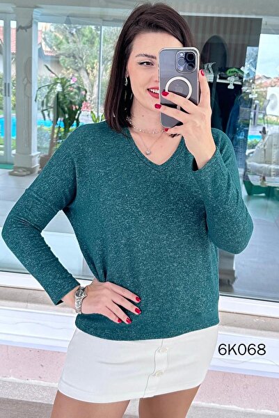 İnce Topuk V-Neck Batwing Sleeve Soft Knit Blouse 6K068