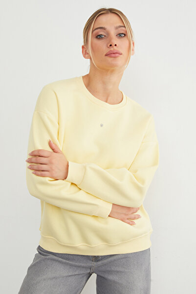 Fulla Moda 3 İplik Taşlı Kalp Detaylı Oversize Sweatshirt