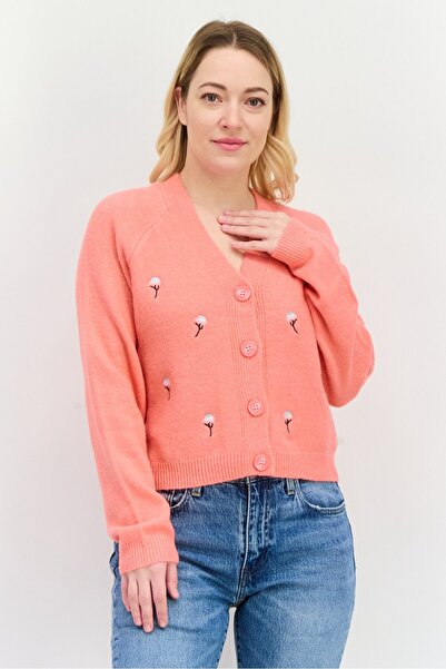 PIECES Women Embroidered Knitted Cardigan, Strawberry Pink