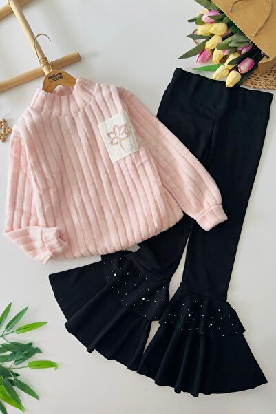 Minigimin Cicileri My Little Girl's Spanish Suit with Soft Pocket Leaf Knit Detail - Pink