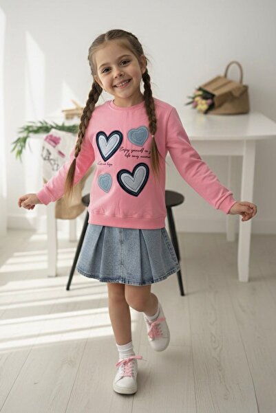 Minigimin Cicileri My Little One's Heart Detailed Denim Skirt Set for Girls, 2-Piece Set - Light Pink