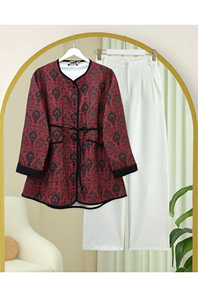 Modamorfo Μπουφάν με έθνικ σχέδιο με διπλωμένο μανίκι και κορδόνι στη μέση - Βουργουνδία