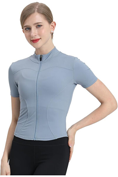 OEM Sports blouse, short sleeves, zip-up neck, blue S