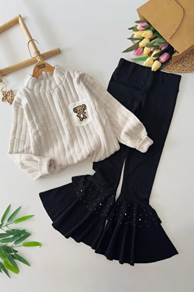 Minigimin Cicileri My Little One's Soft Pocket Teddy Bear Knitted Detailed Spanish Suit for Girls - Gray