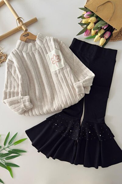 Minigimin Cicileri My Little One's Soft Pocket Leaf Knit Detailed Spanish Suit for Girls - Gray