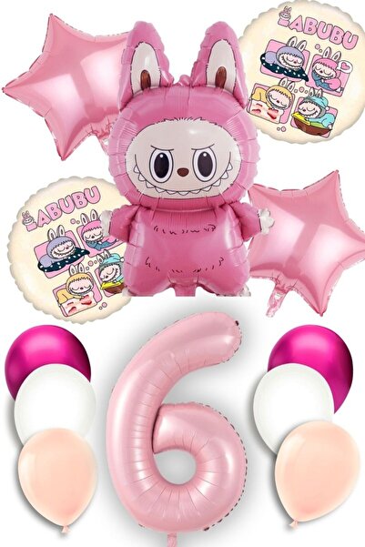 PARTİAVM 6 Yaş Labubu Balon Konsept Doğum Günü Seti Pembe Rakam Uçan Balon Ma...
