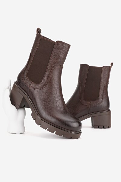 TUNAELLİ Women's Brown Genuine Natural Leather Size 36-41 Thick Heel Chelsea Boots & Booties