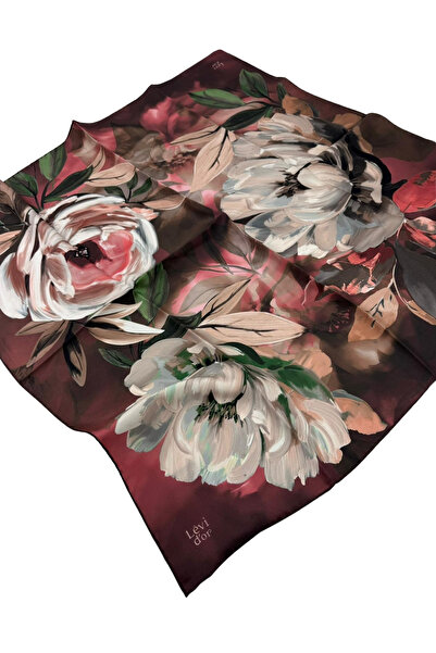 Levidor Eșarfă din mătase twill LD1103 Motiv floral 09-Burgundy-Crem-Green