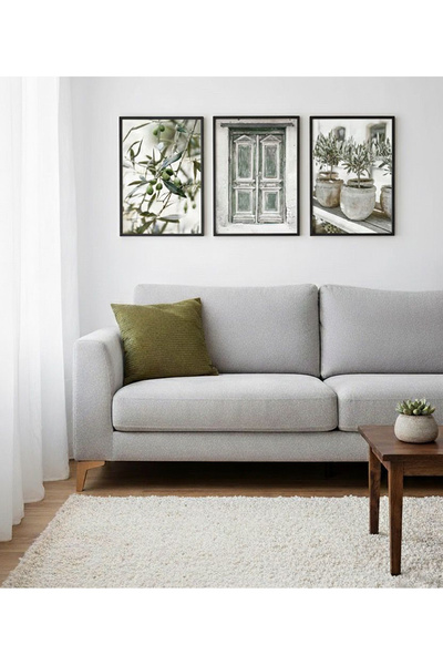 Linacci Set of 3 Black Metal Frame Olive Mediterranean Aegean Glass Paintings