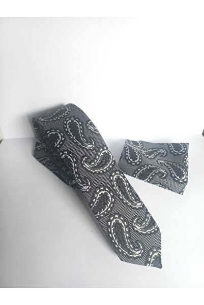 Kravatistan Black-Gray Shawl-Patterned Thin Tie and Handkerchief Set