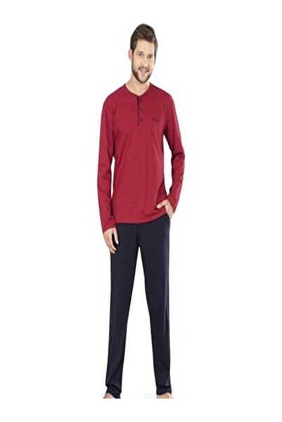 Pierre Cardin Men's Striped Pattern Long Sleeve Half Placket Collar Pajama Set