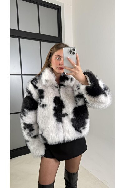 Gaus White Speckled Pattern Zippered Lined Fur Jacket Gaus-00497