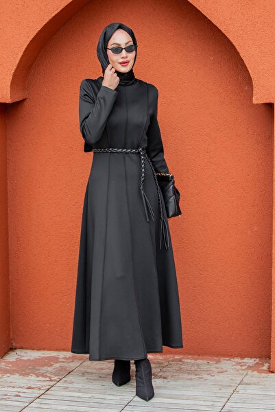 Tesettür Çarşım Seyra 8 Parçalı Deri Örgü Kemerli Pufy Dalgıç Elbise-Siyah