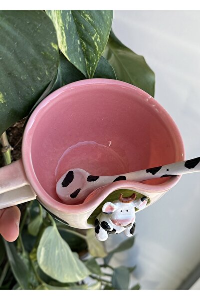 visera Gift Ceramic Mug with Cow Figure (Black) + Spoon in the Shape of a Cow Pattern as a Gift