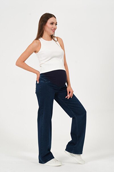 BUSA Maternity Stretchy Belly Band Adjustable Waist Wide Leg Thermal Jeans Pants Blue