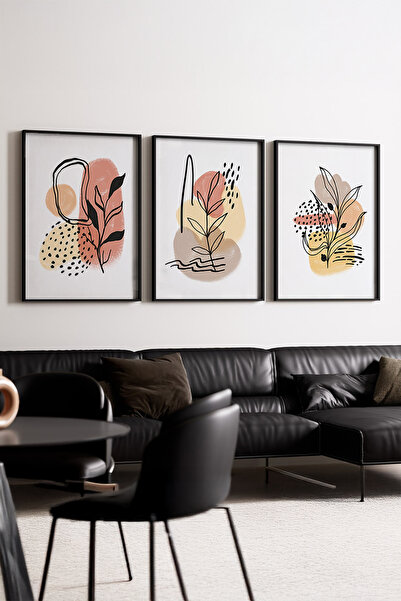 huhuli Tablou Boho din 3 piese cu ramă neagră din lemn huhu226