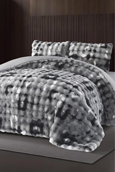 Çeyiz Diyarı Alvina Dama Rabbit Fur Double Bedspread 220X240 cm Gray