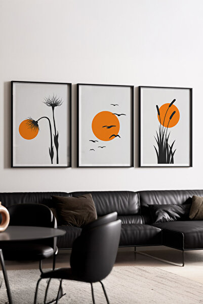 huhuli Ahşap Siyah Çerçeveli Boho 3’lü Tablo huhu228