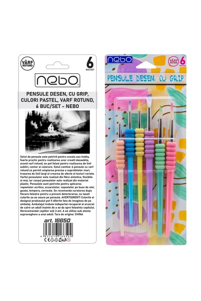 NEBO Pensule de desen, cu prindere, culori pastelate, vârf rotund, set 6 buc. -