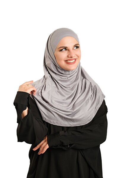 HÜRREM BONE Eșarfă gri practică, gata de purtat, din viscoză, cu bonete, mărime mare 1290BV_15