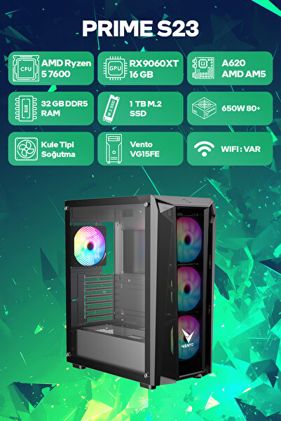 Game Garaj Prime S23 AMD Ryzen 5 7600 32GB RAM 1TB SSD RX9060XT 16GB FreeDOS Oyuncu Tavsiye Sistem