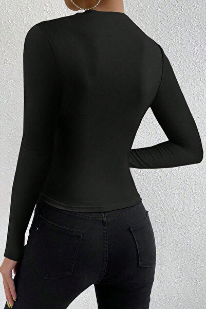 RUKOD Women's Black Long Sleeve Blouse with Drawstring Detail at Waist and Neck