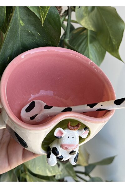 visera Gift Ceramic Mug with Cow Figure (Black) + Spoon in the Shape of a Cow Pattern as a Gift
