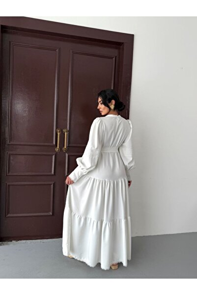 suphias Lace Detailed Lined & Belted Atlas Fabric Dress