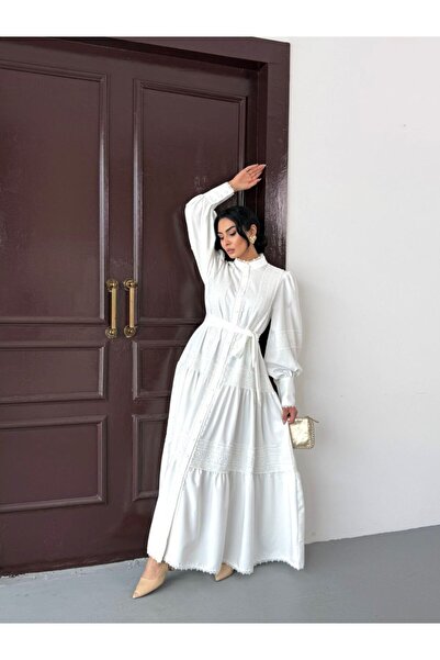 suphias Lace Detailed Lined & Belted Atlas Fabric Dress