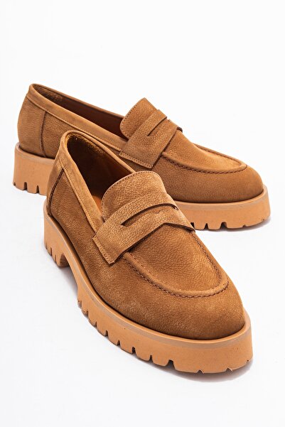 LuviShoes Vionel Tan Nubuck Genuine Leather Women's Loafer Shoes