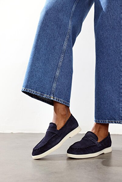 5in1Canpolat Navy Blue Suede Knitted Moccasin 25396