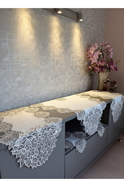 Valora Concept Fransız Dantelli Mila Model Keten Gadenya Lüks 5'li Runner Salon Oda Sehpa Örtüsü