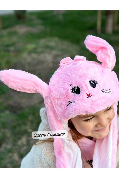 QUEEN AKSESUAR Pink Rabbit Plush Furry Hat with Pumping Moving Ears Soft Fun