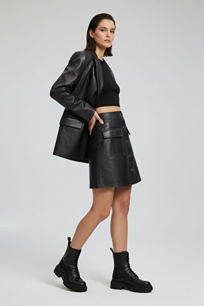 Deriderim Black Buttoned Genuine Leather Skirt with Pockets