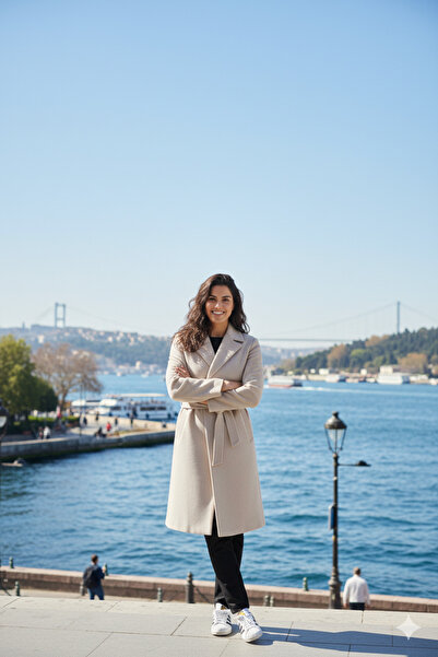 beeke Bhr Cream Coat with Belt, Pockets, Knee Length, Comfortable Long Cashmere Winter Women's Coat-7