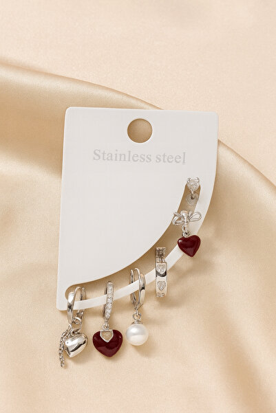 MELENY Red Love Gümüş Renk Kadın Zirkon 6'lı Çelik Küpe