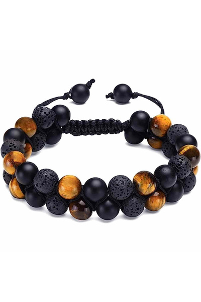craftmystic Triple protection bracelet Tiger eye, matte black onyx and volcanic rock - 8 mm handmade beads