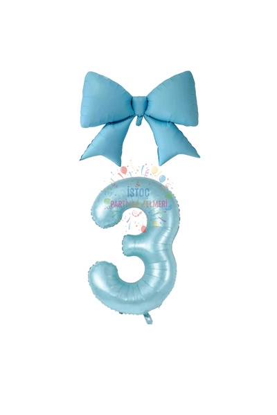 İSTOÇ PARTİ Blue Color Bow Number Foil Balloon Set Age 3