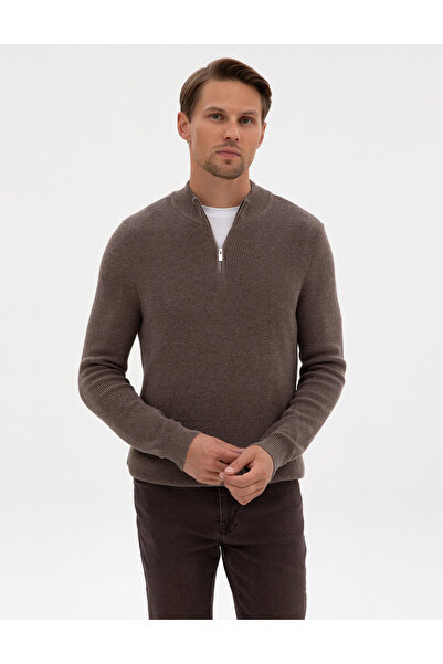 Pierre Cardin Vizon Melanj Slim Fit Dik Yaka Fermuarlı Triko Kazak 50317363-V...