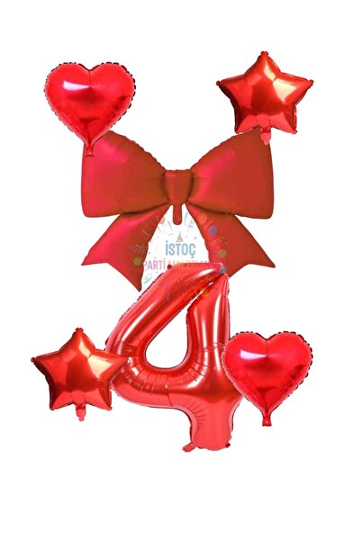 İSTOÇ PARTİ Red Color Heart Star Bow Number Foil Balloon Set Age 4