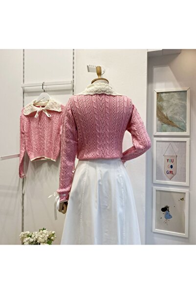 Faya Boutique Beyaz Yakalı Kurdeleli Pembe Kazak