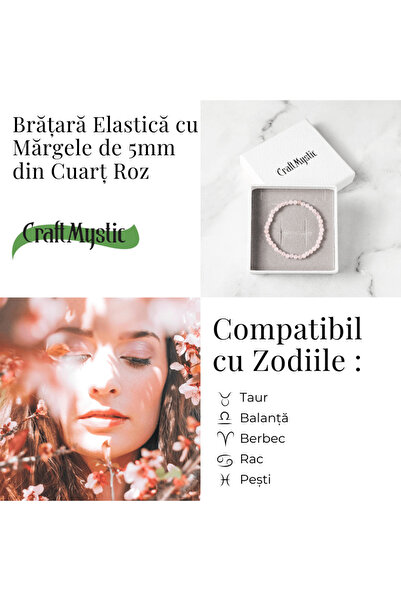 craftmystic Bratara Elastica cu Margele de Cuart Roz 5mm - Iubire si Vindecare Emotionala