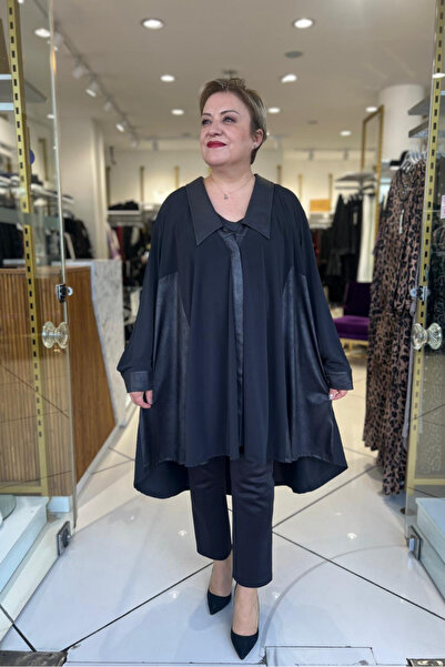 selma Büyük Beden Deri Detaylı Siyah Tunik Gömlek