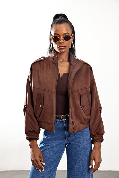 5in1Canpolat Brown Suede Bomber Jacket D99806