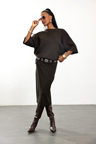 5in1Canpolat Bitter Brown Skirted Knitwear Set 1302